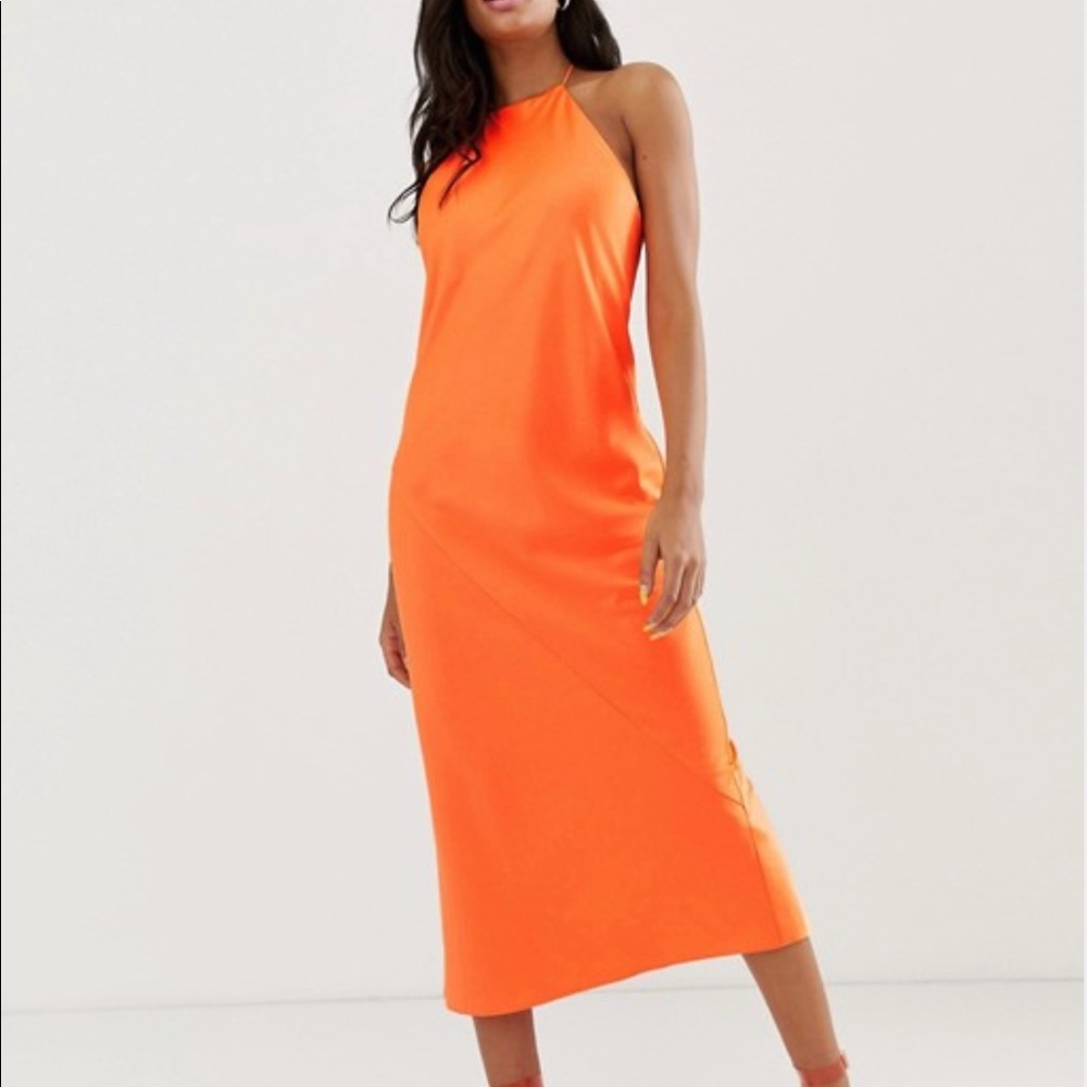 NWT! ASOS Midi Halter Slip Dress in Orange Neon
